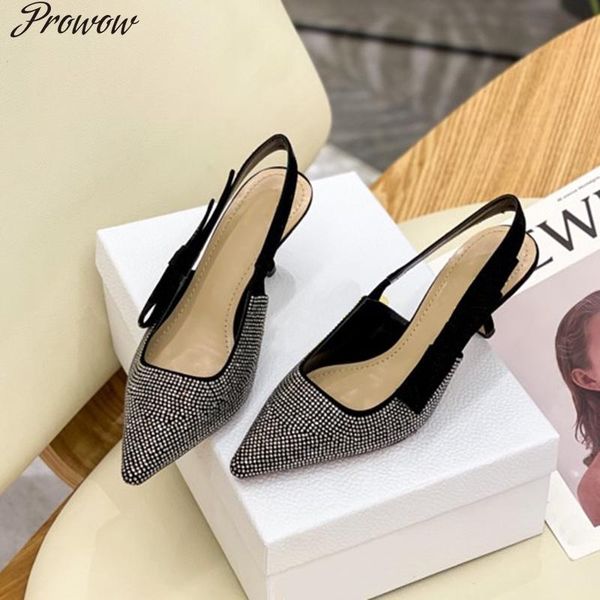 

prowow elegant women pumps brand design point toe bling shoes slip-on female for party dress, Black