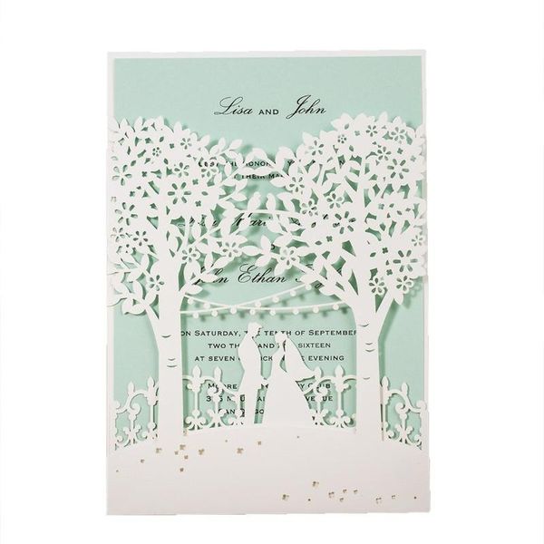 

greeting cards 100pcs white bride groomtree laser cut wedding invitations card, with envelope and blank mint & pink insert [ i love you firs