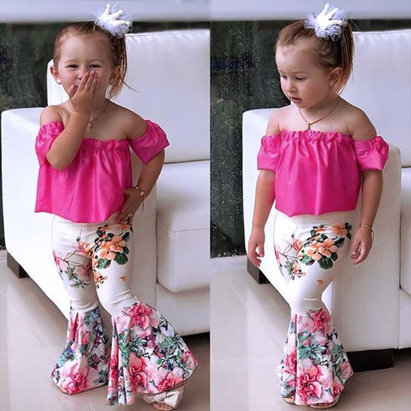 

summer fashion 2pcs sets toddler baby kids girls solid off shoulder floral bell bottom trousers pants suits set outfits, White