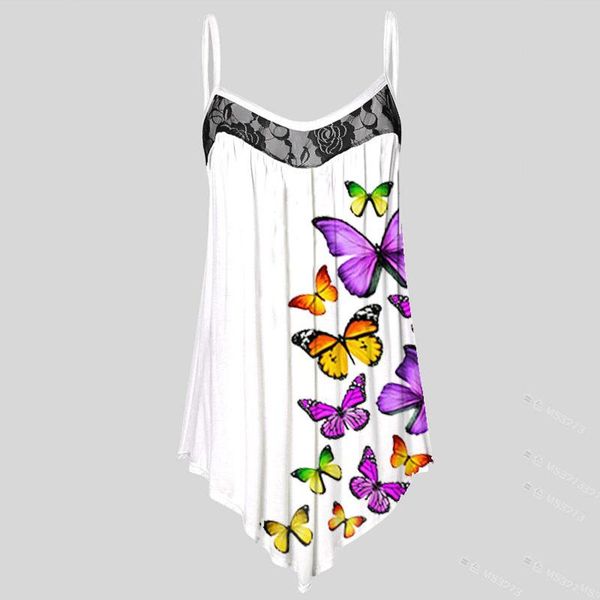 

women's t-shirt #s0 women spaghetti strap t-shirts casaul loose chiffon woman tshirts butterfly print sleeveless lace patchwork female, White
