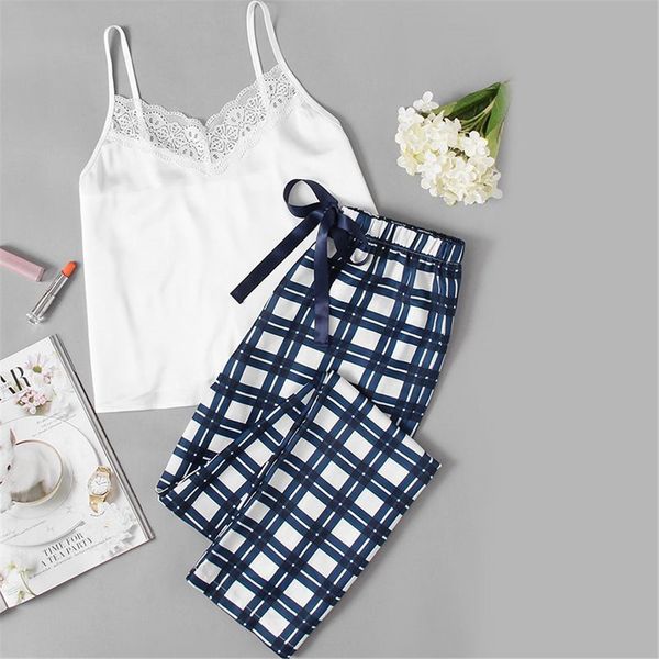 

plaid pijamas set womens sleepwears sleeveless lace embellished camisole pants pajama komplet bielizny damskiej, Black;red