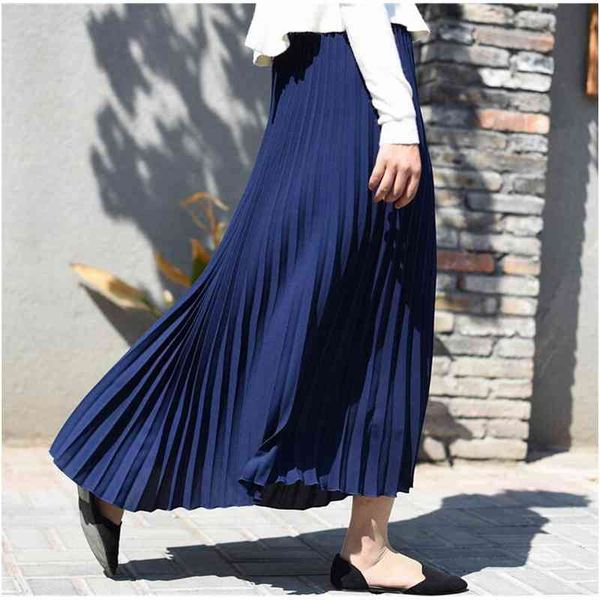 

qooth autumn women skirt vintage long saias high waist maxi saia longa falda pleated jupe qh1675 210518, Black