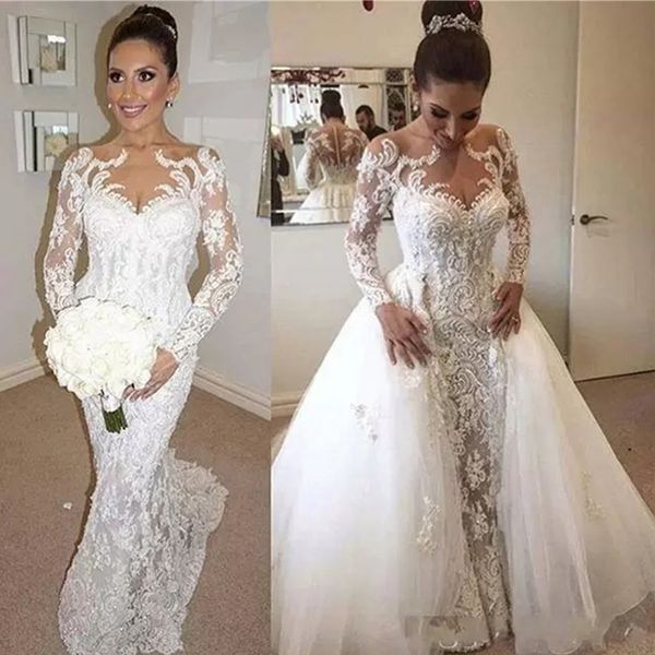 

elegant lace mermaid wedding dresses with detachable train tulle applique embroidery long sleeves wedding bridal gown robe de mariÃ©e, White
