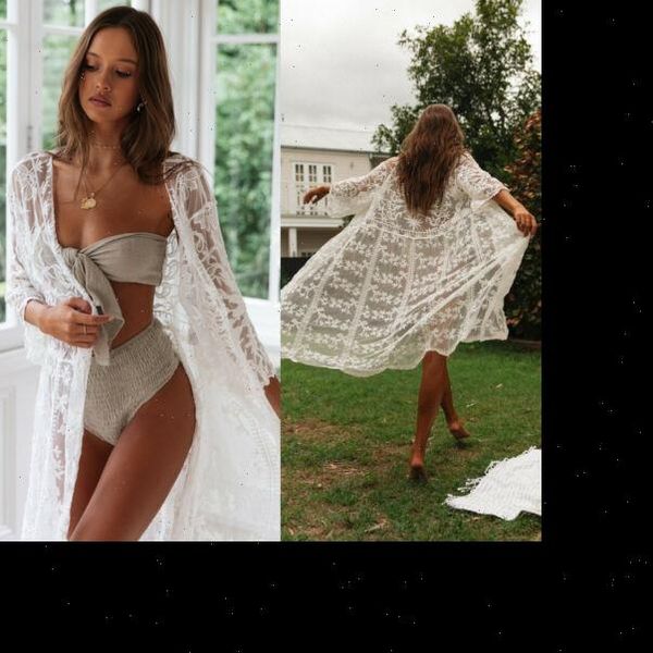 

see through lace kimono women shirts beach cardigan cover up wrap long blouse arrival, White