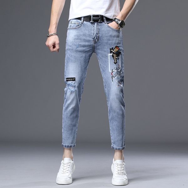 

fashion jeans men's wear trend of perforated personalized pants, Blue
