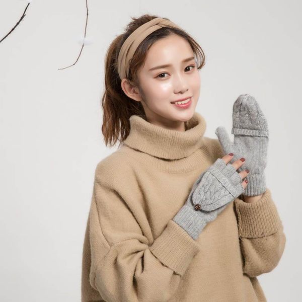 

five fingers gloves classical wool knitted women winter warm flip fingerless girl lady casual keep half finger mittens, Blue;gray