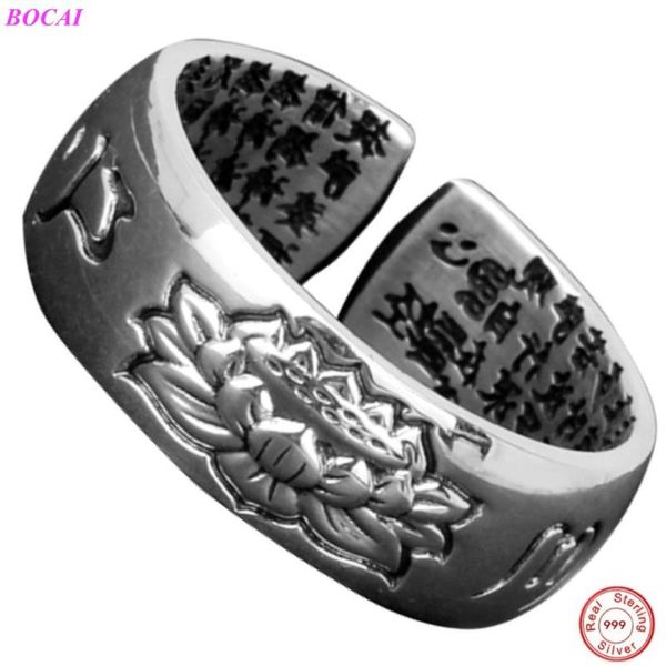 

cluster rings s990 sterling silver women jewelry personality men's retro thai ring buddhist heart sutra open index finger, Golden;silver