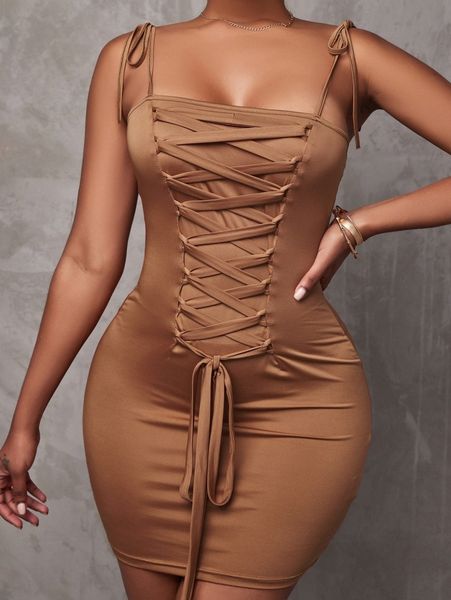 

sxy tie shoulder lace up front cami bodycon dress s1xk#, Black;gray