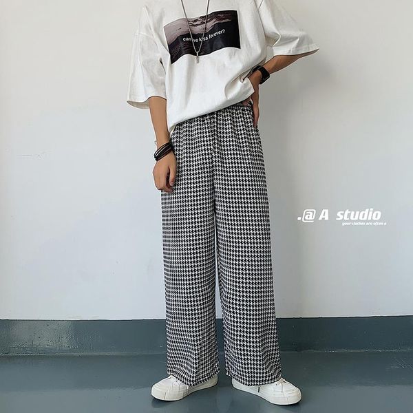 

men's pants summer thin plaid casual fashion wide-leg men streetwear loose elastic waist ice silk mens trousers, Black