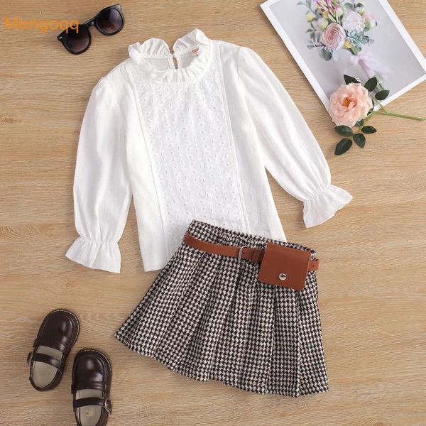 

clothing sets fashion princess long sleeve solid shirts plaid pleat skirts gift waist bag kids baby children clothes set 2pcs 18m-6y, White