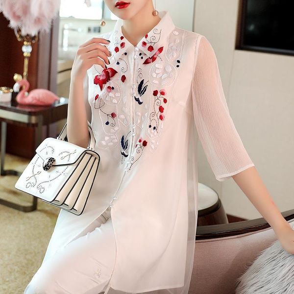 

mother chinese ethnic embroidery blouse women spring summer floral collar long elegant party blouses shirts cc350 women's &, White