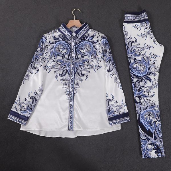 

women's two piece pants blue and white lapels printing quality commuter single breasted long sleeved shirt leggings