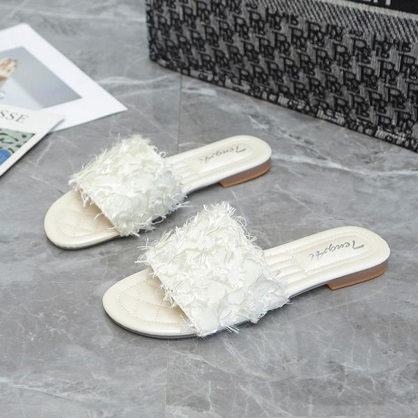

slippers summer fashion sandals mixed material feather style comfortable fit soft and no hurt fluffy 2021, Black