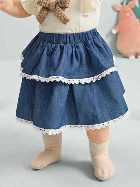 

baby guipure lace trim layered denim skirt she, Blue