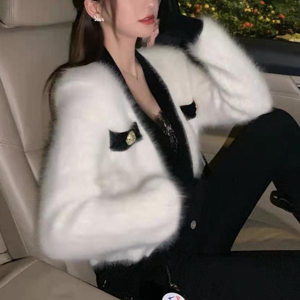 

women's sweaters small fragrance buckle imitation vison velvet cardigan temperament fashion thick sweater daak, White;black
