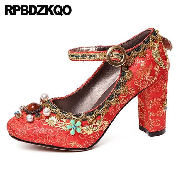 

jewel velvet ankle strap high heels pearl luxury embroidered ladies satin dress shoes red square toe chunky bridal pumps wedding, Black