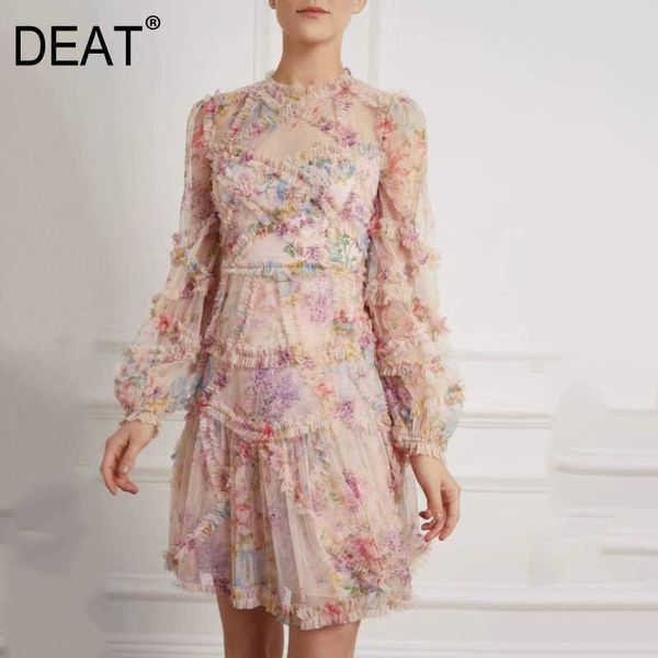 

[deat] o-neck lantern long sleeve knee length fungus edge collage sweet print dress skirt women spring and summer 210527, Black;gray