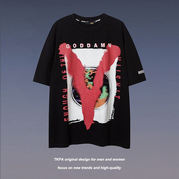 

tkpa american street kanye letter printed short sleeve t-shirt men's and women's fashion loose hip hop half sleeve top, White