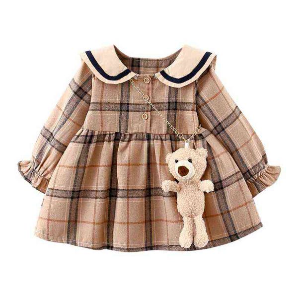 Kleinkind Baby Mädchen Kleid mit Bär Tasche Frühling Herbst Plaid Prinzessin Kleider Für Kinder Cartoon Kinder Kleid Kleidung Vestidos0-4y G1129