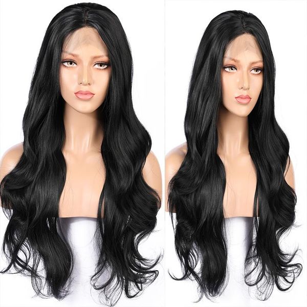 

synthetic wigs 180density long black body wave lace front wig for women daily cosplay heat resistant with baby hair