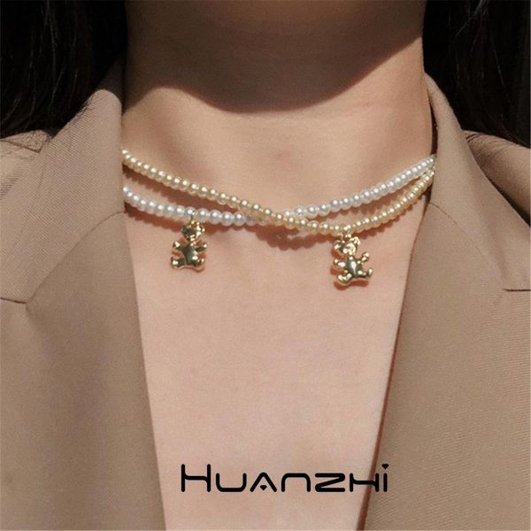 

pendant necklaces huanzhi 2021 trendy imitation pearl metal bear gold colour chain beaded necklace choker for women accessories, Silver