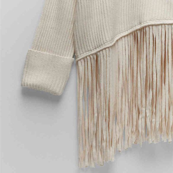 

tees casual patchwork tassel sweater for women o neck long sleeve high street loose knitted female fashion 2021, White