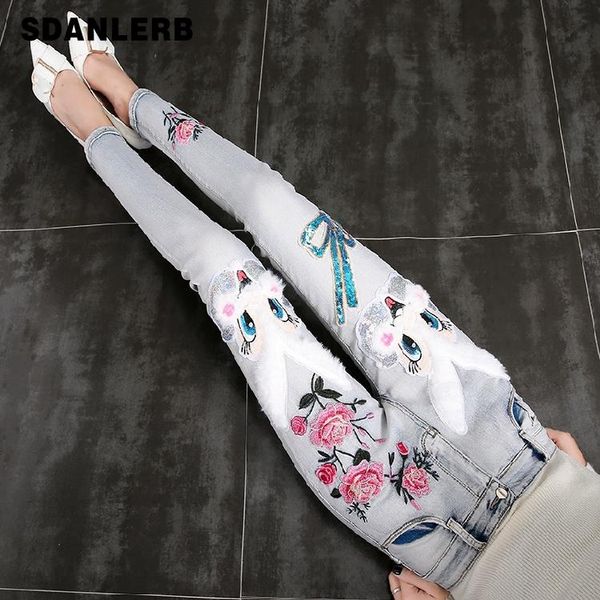 

light blue jeans women 2021 spring autumn embroidered cartoon slim fashion pencil pants calsas feminina women's