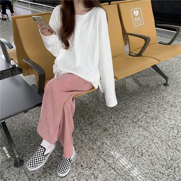 

women's pants & capris casual corduroy women's pants, wide leg high waist, straight, loose, simple trend, hip-hop clothing, pink,, Black;white