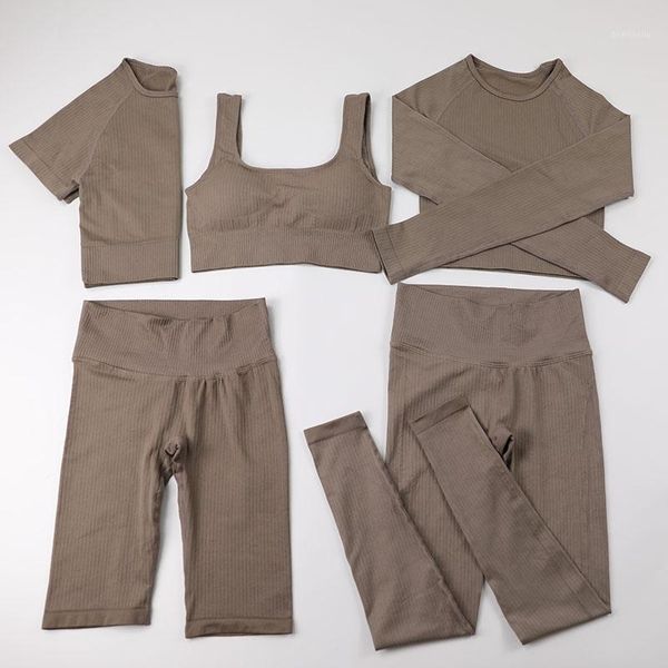 

yoga outfit ribbed workout clothes women's suit seamless gym set fitness shorts sets high waist leggings t-shirt female sportswear1