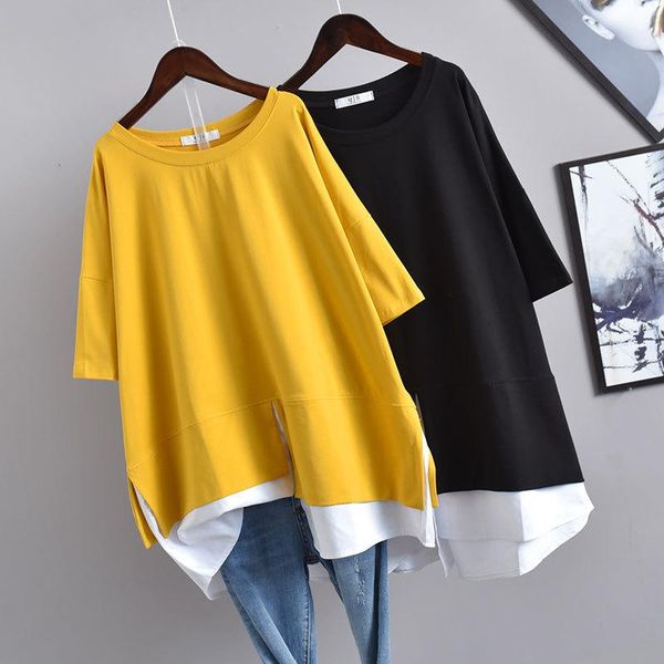 

women's t-shirt 2021 summer korean women loose irregular color matching fake two plus size thin short-sleeved, White