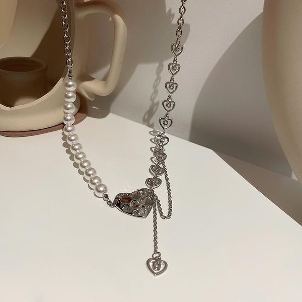 

chains korean style pearl choker necklaces for women long chain heart pendant statement jewelry, Silver