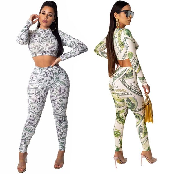 

echoine women dollar print 2 piece set long sleeve o ne crop pants bodycon casual suit female slim outfits trasuitby, Black;white