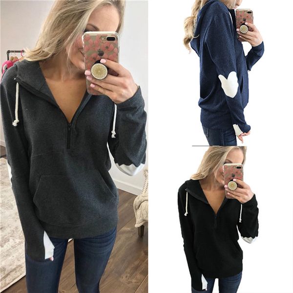 

casual deep v turn down collar hoodie women long sleeve sweatshirt zipper streetwear hoody open half female pullovers black 210507
