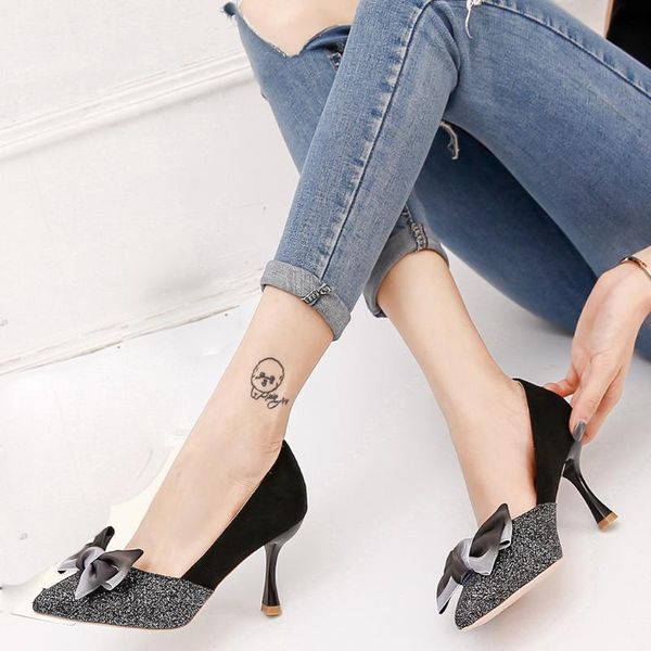 

dress shoes nice tide ladies pumps casual women pointed stiletto shallow mouth single bow sequins high heels zapatos de mujer, Black