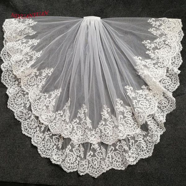 

bridal veils nixuanyuan 2021 two layer white ivory tulle veil lace edge short wedding veu de noiva longo in stock, Black