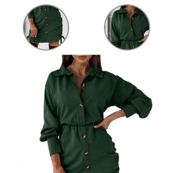 

casual dresses comfy autumn ladies solid color single-breasted shirt dress above knee length leisure wear, Black;gray