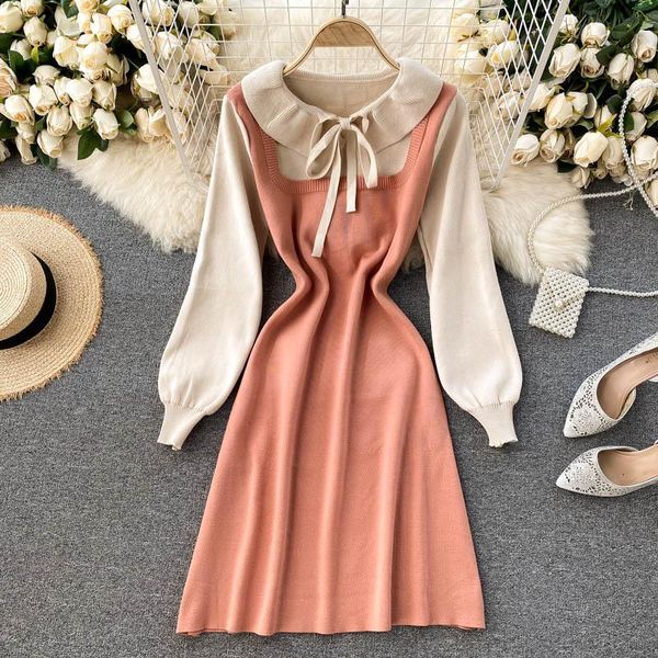 

casual dresses sweet ladies patchwork knitted dress women fashion autumn bow tie turn down collar long sleeve a line female, Black;gray