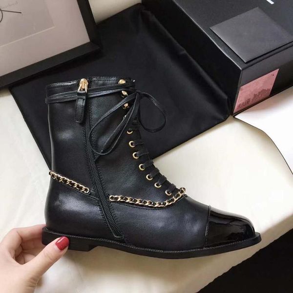 

boots arrival 2021 autumn and winter chain genuine leather zips women round toe lace up square heel short, Black