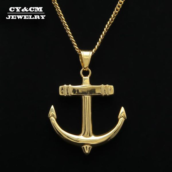

pendant necklaces cy&cm simple men women titanium stainless steel cross anchor necklace gold color iced out hip hop punk heavy jewelry, Silver