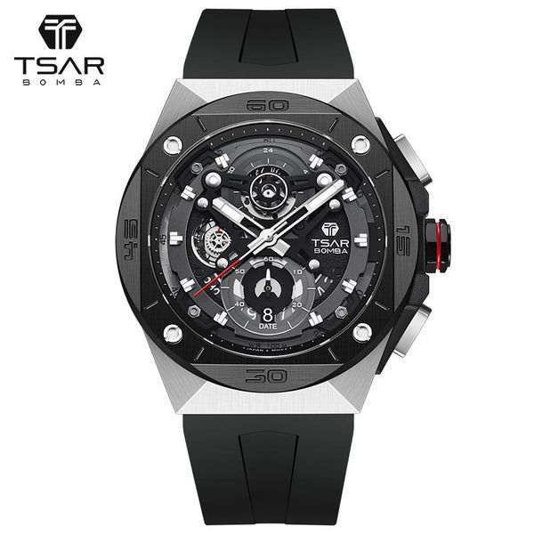 

wristwatches tsar bomba men watch miyota js20 movement 100m waterproof chronograph sapphire stainless steel sport wristwatch luxury male gif, Slivery;brown