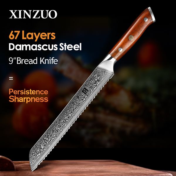 

xinzuo 9 inch serrated bread knife damascus stee rosewood hande kitchen knives brand high quaity cake knife cooking toos