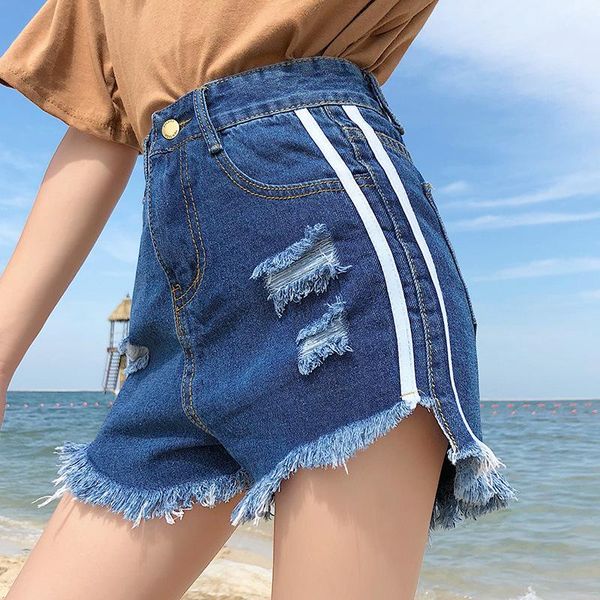 

women's jeans high-waisted student stripes show a thin, frayed edge of pants denim shorts for women 2021 summer wear 8612, Blue