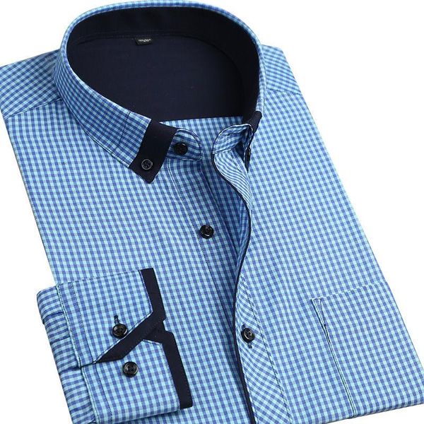 

men's casual shirts plaid long sleeve patchwork collar button-down slim fit business office dress shirt korean clothes top, White;black