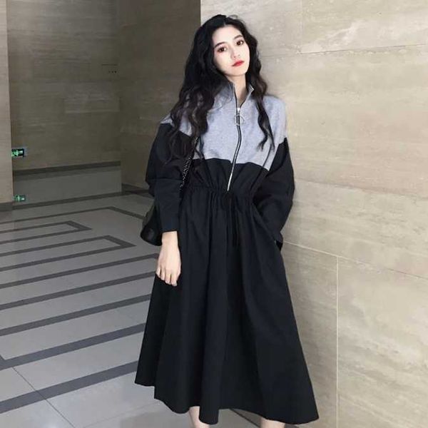 

casual dresses 2021 women autumn spring sporty style patchwork elastic waist zipper long sleeve lace up db309, Black;gray