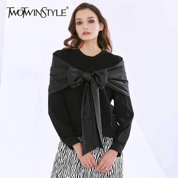 

lace up bowknot sweatshirt for women o neck long sleeve black casual sweatshirts female autumn fashion clothes 210524