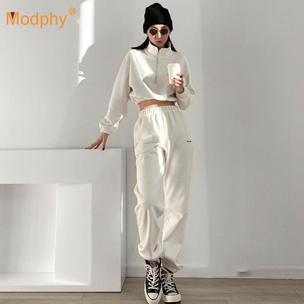 

letter winter fashion fleece casual sportswear 2 two-piece set stand-up collar zipper short sweater and pants women's two piece, White