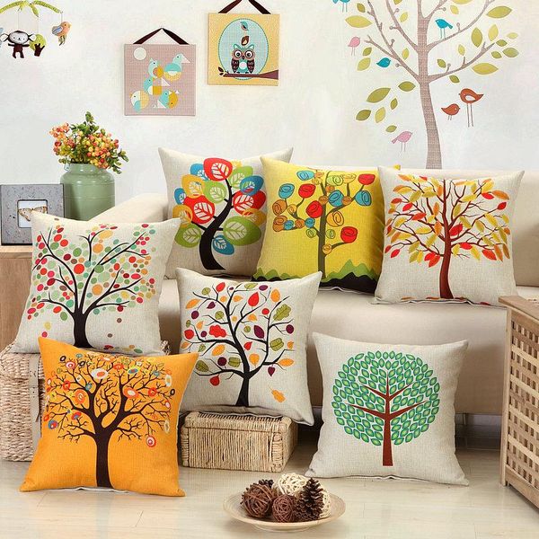 

cushion/decorative pillow colorful tree cotton linen cushion covers home decorative art throw case couch housse cover