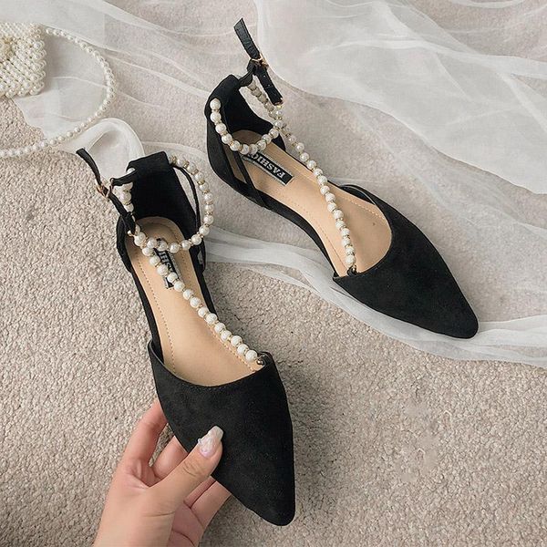 

string bead pointed toe flock gladiator sandals woman party ankle buckle band low heels shoes women pearl closed sandalias, Black