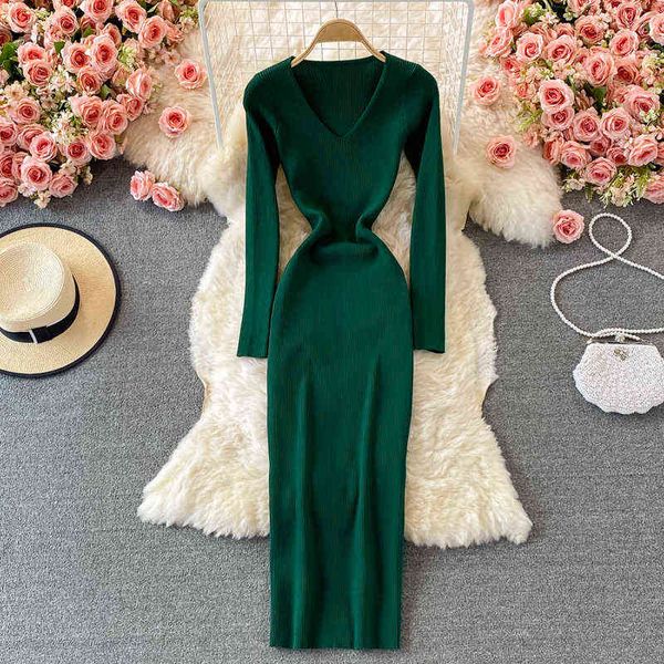 

autumn elegant stretch tight knit dress womens winter v-neck temperament slim hip high waist midi base dress lady vestidos y1204, Black;gray