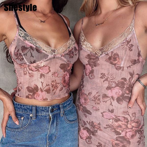 

shestyle mesh lace see through camis women 2021 pink flower printed new arrivals ruffles sleeveless basic bustier crop in, Black;white